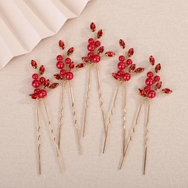 Teyglen 5pcs Bride Rhinestone Wedding Hair Pins Set Bridal Red Crystal Pearl Hair Pins Clips Elegant Hair Jewelry Accessories for Women Wedding Crystal Hair Piece (Red)