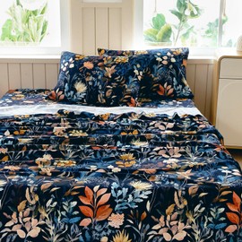MICORAL Boho Floral Queen Sheet Set, 4-Piece Printed Botanical Bed Sheets, 16" Deep Pocket, Ultra Soft & Cooling Sheet, Oeko-TEX Certified, Midnight Blooms