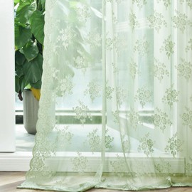Kotile Green Lace Curtains 63 Inch Length 2 Panels, Country Rustic Floral Design Spring Sheer Curtains for Bedroom, Rod Pocket Privacy Sage Sheer Lace Curtains, 42 x 63 Inch Each, Sage Green