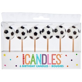 Soccer-Themed Birthday Candles (Pack Of 6) - Black & White Wax Candles On Wooden Picks - Ideal For Sports Fans Celebrations