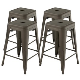 COSTWAY Bar Stools Set of 4, 24” Stackable Metal Stools with Square Seat & Handing Hole, X-shaped Reinforced Design, Comfortable Footrest, Backless Bar Chairs for Kitchen, Dining Room, Pub (Gun, 24‘’)