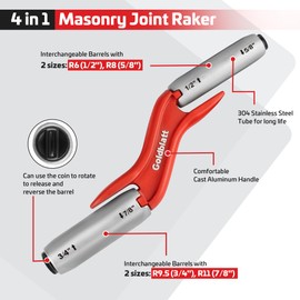 Goldblatt Red Masonry Brick Jointer Tool, 4 Sizes Barrel Jointer, 1/2in, 5/8in, 3/4in, 7/8in Wall Beauty Stitcher, Stainless Steel Masonry Joint raker, 4 in 1 Bricklaying Jointer