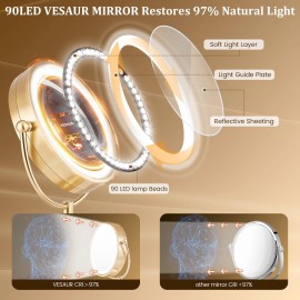 Vesaur 8.5'' Large Gold Lighted Makeup Mirror, 1X/10X Clear Seamless Magnifying Mirror,