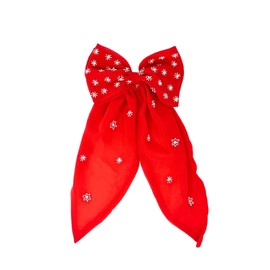 Accessory To Love All American White Hair Bow, Chiffon, Beaded Embellishments, Long Tail (Red)