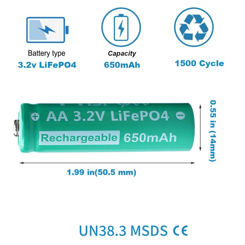 PTIJPOW AA 3.2V LiFePo4 650mAh Solar Battery, AA 3.2V Lithium