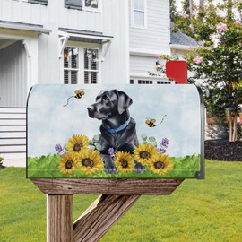YINENA Sunflower Black Labrador Dog Mailbox Cover Magnetic Standard Size 21x18 Inch Post Letter Box Wrap Summer Garden Yard Home Decor