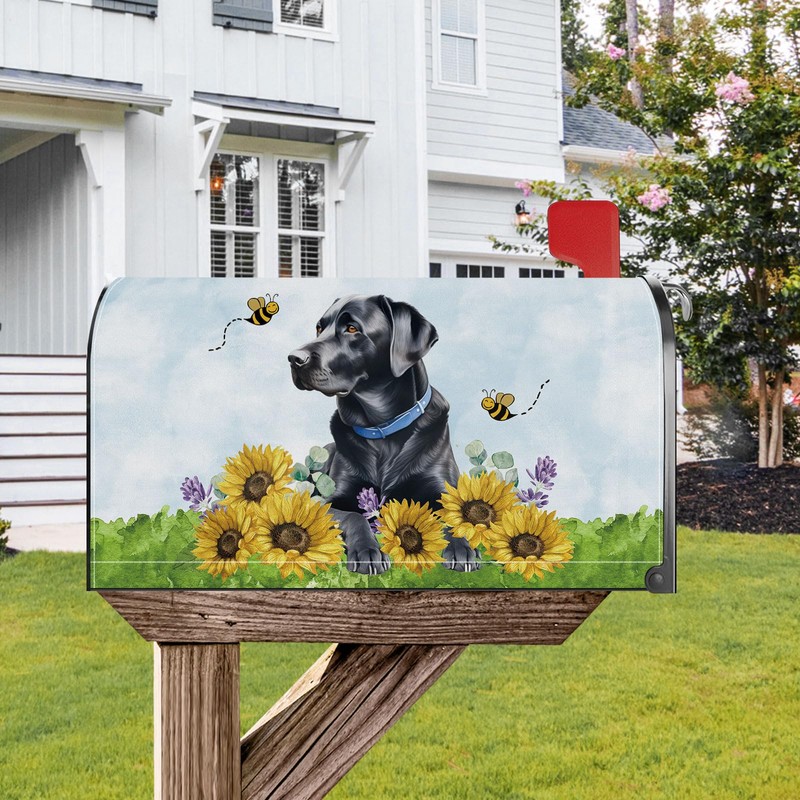 YINENA Sunflower Black Labrador Dog Mailbox Cover Magnetic Standard Size