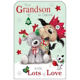 Grandson Christmas Card - Special Grandson - Dog and Reindeer - Festive Design - Special Finishes and Illustrated Insert Leaf - Made in the UK