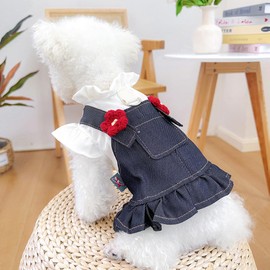 ANIAC Denim Small Puppy Dress 3D Flowers Girl Dog Clothes with D-Ring and Pocket Female Cat Harness Dresses Cute Shih Tzu Yorkies Chihuahua Outfits Summer Pet Clothing (X-Large)
