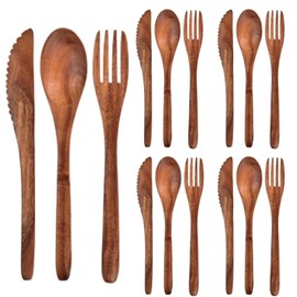 Geiserailie 12 Pcs Wooden Utensils for Eating Wooden Spoon Fork Knife Cutlery Set Kitchen Wood Dinner Flatware Tableware Set Includes Spoon, Fork, Knife (Teak Wood)
