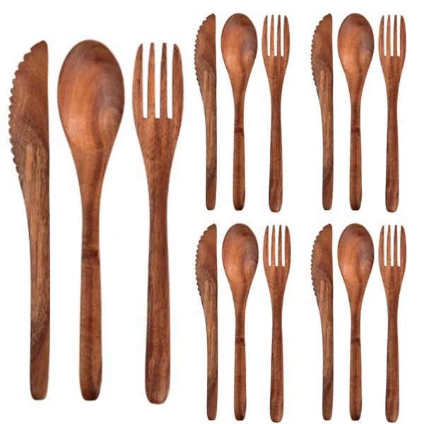 Geiserailie 12 Pcs Wooden Utensils for Eating Wooden Spoon Fork