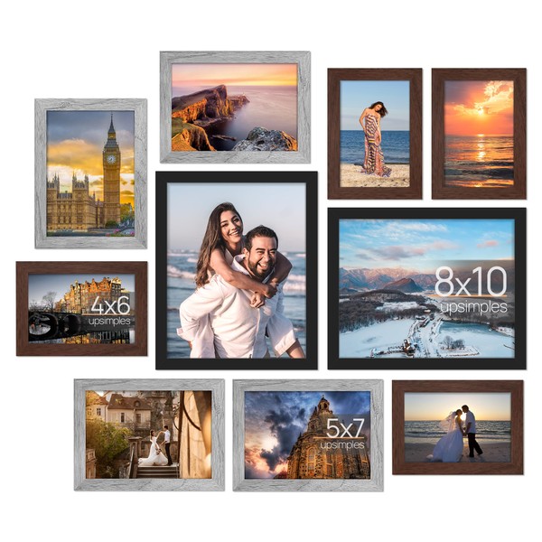 upsimples 10 Pack Picture Frames Collage Wall Decor, Gallery Wall Frame Set for Wall Mounting or Tabletop Display, Multi Sizes Including 8x10, 5x7, 4x6 Family Photo Frames, Black Gray Brown