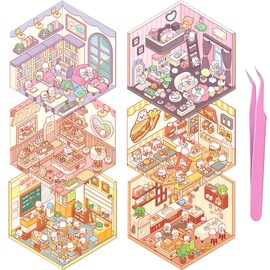 geesfayan DIY 3D Sticker Scene 6 Sets of Stickers for Girls Make Your Own Mini Shop Scenes Stickers for Kids Cute Cartoon Animal Sticker for Adult Relief Stress Pass The Time