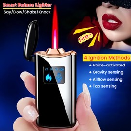 NINSI Smart Butane Lighter, Voice-Activated Sensor Torch Lighter with 4 Ignition Modes, Windproof Red Flame Refillable Lighters (Without Fuel) (Blue Ice)