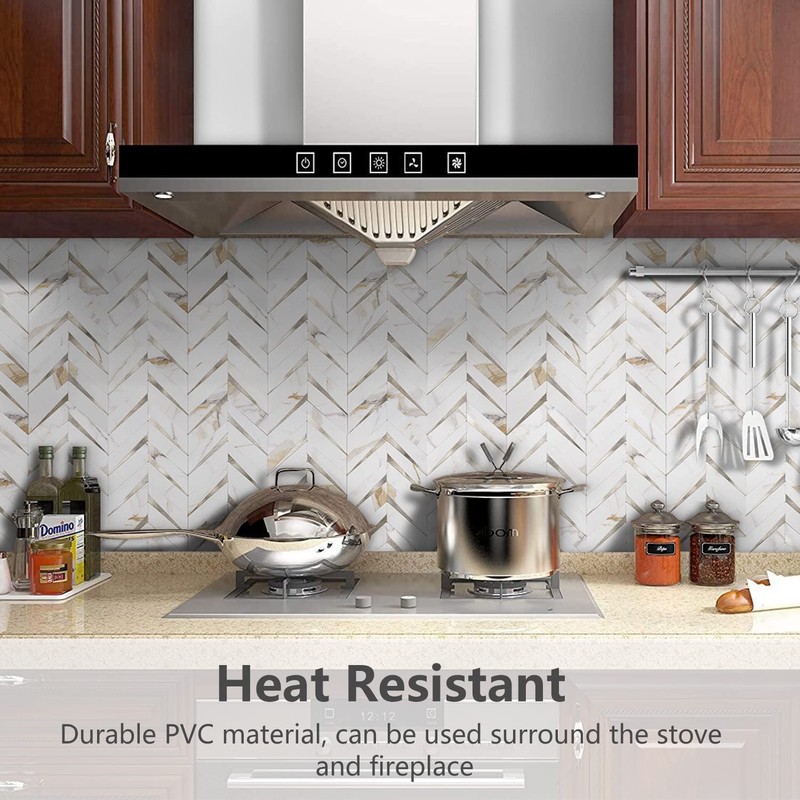STICKGOO 10-Sheet Herringbone Tile Peel and Stick Backsplash, Calacatta Marble