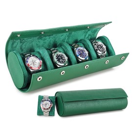 Contacts Saffiano Leather 4 Slot Watch Box Travel Watch Case for Men Watch Roll Organizer Women Watch Holder Watch Storage Bag (Green)