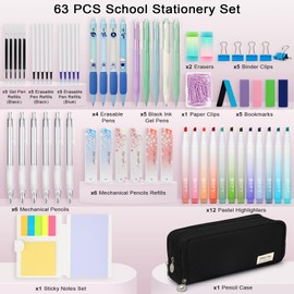 VICHOS Aesthetic Pencil Case with Stationery Included (63pcs Total), Pastel Highlighters| Mechanical Pencils| Gel Pens| Erasable Pens| More, 13-in-1 Back to School Stationery Supplies Set(Black)