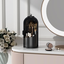 Growsun Rotating Makeup Brush Holder Organizer with Lid 360°Spinning Waterproof Makeup Organizer Countertop Cute Cosmetics Organizer for Vanity Bathroom, Dark Black