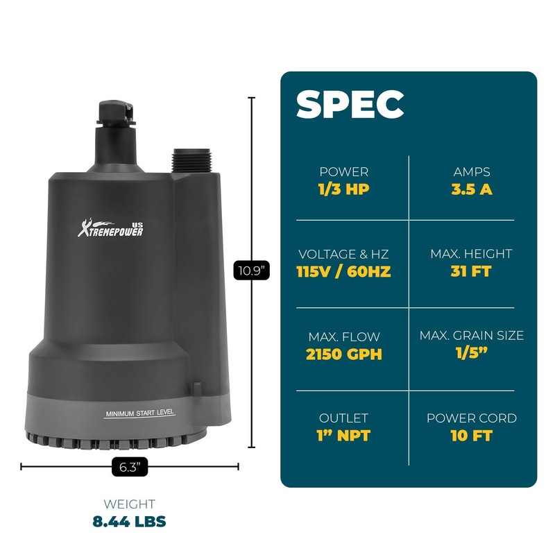 XtremepowerUS 2150GPH Thermoplastic Submersible Utility Pump with 10ft Cord, 1/3
