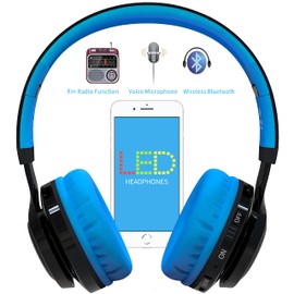 Riwbox Wireless Headphones for Kids, AB005 Kids Bluetooth Headphones V5.2 with Microphone Foldable Headset with TF Card FM Radio and LED Light Compatible for Phones PC TV (Black&Blue)