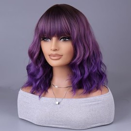 iChicHair 14 Inches Short Curly Ombre Purple Wig with Bangs Loose Wavy Bob Wig for Women Shoulder Length Synthetic Purple with Dark Roots Wig for Girl Colorful Costume Party Wigs