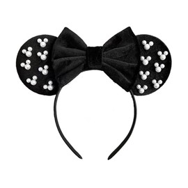 LSHDXD Christmas Plastic Pearl Mouse Ear Headband Hair Hoop, Cute Velvet Suede Bow Headband, Amusement Park Mouse Ear Bow Hairband Headpiece Hair Accessory for party supplies (black)