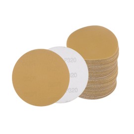 Kozelo 100pcs No Hole Sanding Discs- [ 5 Inch 320 Grit ] Round Hook and Loop Grip Sanding Pads Sheet Sandpaper for Automotive Woodworking Metal Polishing Use| Gold, Aluminum Oxide