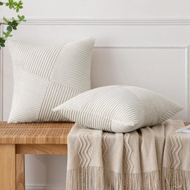 MIULEE Christmas Cushion Cover, 40 x 40 cm, Cream Corduroy, Set of 2 Cushion Covers, Decorative Cushion Cover, Sofa Cushion, Decorative Cushion, Striped Pattern, Patchwork Design for Living Room