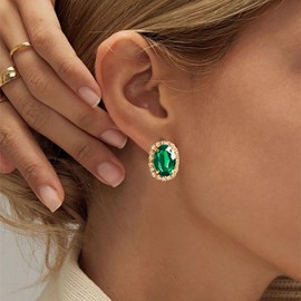 Sttiafay Vintage Emerald Crystal Earrings Oval Emerald Stud Earrings Green Emerald Earrings Gold Rhinestone Earrings Jewelry for Women