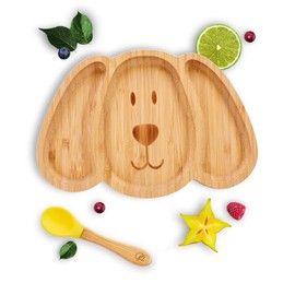 Kleiner Fuchs High-quality bamboo plate with suction cup, non-slip suction cup with matching baby spoon makes meals fun, bamboo tableware set with gift box - learning to eat with dog design