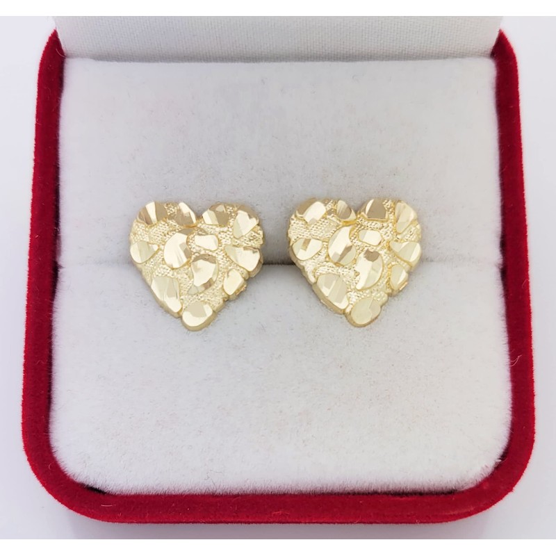10K Yellow Gold Diamond Cut Nugget Heart Earrings Large