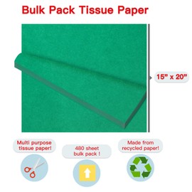 Packanewly Bulk Tissue Paper Gift Wrap, 480 Sheets Festival Green, 15 x 20 Inch Wrapping Paper for Art Craft Festival Birthday Party Floral Pompom