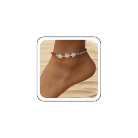 Wendalern Boho Pearl Ankle Bracelet Golden Round Beads Ball Chain Anklet Colourful Rice Beads Ankle Chain Beach Star Charm Anklet Waterproof Foot Jewellery for Women and Girls, Metal