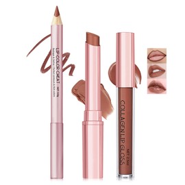 3 in 1 Brown Lipstick&Lip Gloss&Lip Liner Combo for Women,Matte High Shine Waterproof Longlasting Lipstick,Hydration Non-Sticky Plumping Lipgloss Smooth Not Fade Lipliner,Vegan Formula Lip Makeup Set4