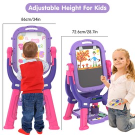 Victostar Easel for Kids, Rotatable Double Sided Art Easel with Magnetic White Board & Chalkboard, Adjustable Standing Toddler Easel with Drawing & Writing Accessories,Gifts for Girls and Boys