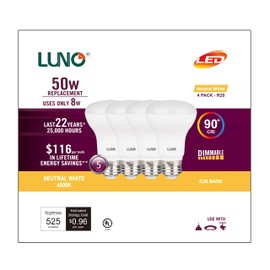 LUNO R20 Dimmable LED Bulb, CRI 90+, 8W (50W Equivalent), 525 Lumens, 4000K (Neutral White), Medium Base (E26), UL Listed (4-Pack)