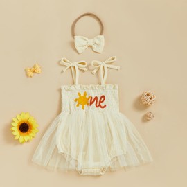 1St Birthday Outfit Girl First Trip Around The Sun Romper Tulle Tutu Dress One Year Old Baby Girls Birthday Outfits (One in The Sun Cream, 6-12 Months)