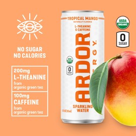 ARDOR ENERGY Sparkling Water Tropical Mango 12 pack with 100mg Organic Caffeine from Green Tea & 200mg Organic L-Theanine (Focus & Calm). No Sugar. No Calories. Vegan. Gluten Free.