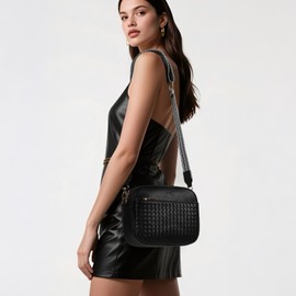 Trendgo Crossbody Bags for Women Trendy Vegan Leather Woven Small Cross Body Bag Purses Women's Shoulder Handbags with Detachable Coin Pouch Adjustable Guitar Wide Strap