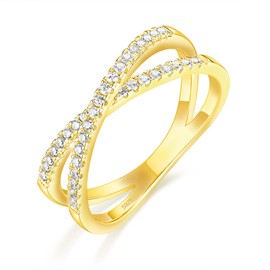 SOMEN TUNGSTEN 925 Sterling Silver X Cross Ring Yellow Gold Cubic Zirconia CZ Wedding Band for Women Size 10