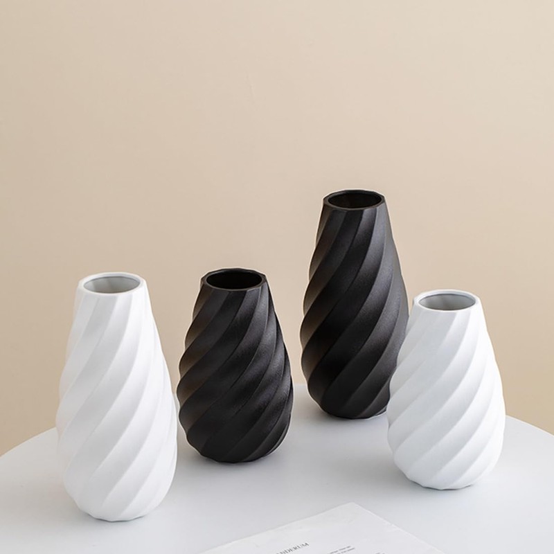 Black Ceramic Flower Vase with Textured Spiral Design, Modern Minimalist