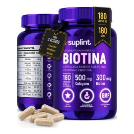 Biotina y Colágeno Hidrolizado, Cápsulas para Cabello, Piel y Uñas, 180 Unidades | SUPLINT