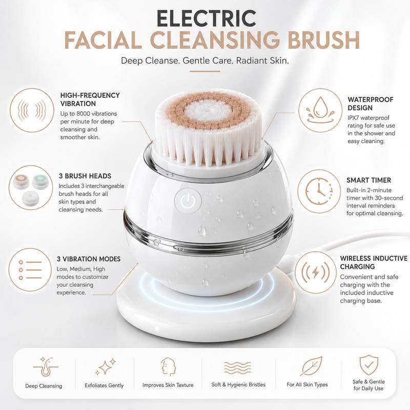 Rechargeable Facial Cleansing Brush with 3 Vibration Modes and Interchangeable