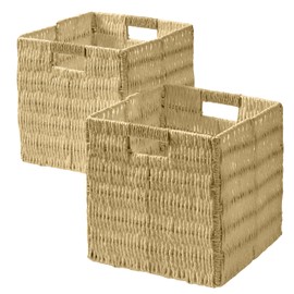 Ornavo Home Wicker Storage Cubes Bin, 10.5 Inch Storage Shelf Basket Collapsible Natural Hand Woven Paper Storage Cube Bin with Handles - Set of 2, Natural Brown