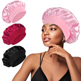 3 Pack Silk Bonnet for Sleeping Women, Satin Hair Bonnets for Curly Hair, Soft Band Large Sleep Cap for Curly Hair Braids (Black+Wine Red+Pink)