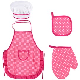 Chef Set for Kids, Adjustable Cooking Apron for Toddler, Children Kitchen Baking with Child Chef Hat, Kids Cooking Mitt, Heat Resistant Mat for Boys Girls Age 3-8 Years Old (Rose Red)