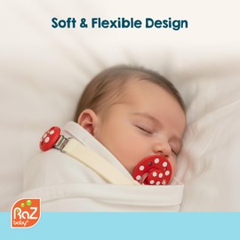 RaZbaby Chompy - Juego de 2 clips de silicona para chupete – Paquete de 2 clips texturizados, suaves y flexibles con ajuste universal, sin BPA, duraderos y ligeros para bebés de 0 m, rojo/verde