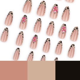Press on Almond Nails Spring Glossy Full Cover Medium Almond False Nails with Floral Designs Artificial Almond Shaped Fake Nails with Charms Glue Stick ons Fingernails for Women Girls(JP3567)