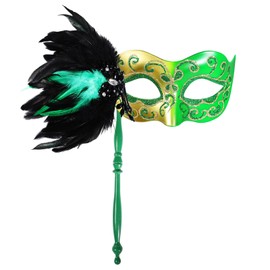 LiuSuper Masquerade Mask for Women with Stick - Shiny Women's Feather Mardi Gras Venetian Mask for Costume Accessory (Green)