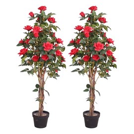 Pair AMERIQUE 4 Feet Artificial Plant Red Rose Trees with Nursery Pots